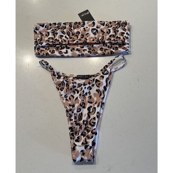 Nasty Gal US4 Animal Print Bikini Top High Cut Bottom Bandeau Leopard Swim - Picture 1 of 10